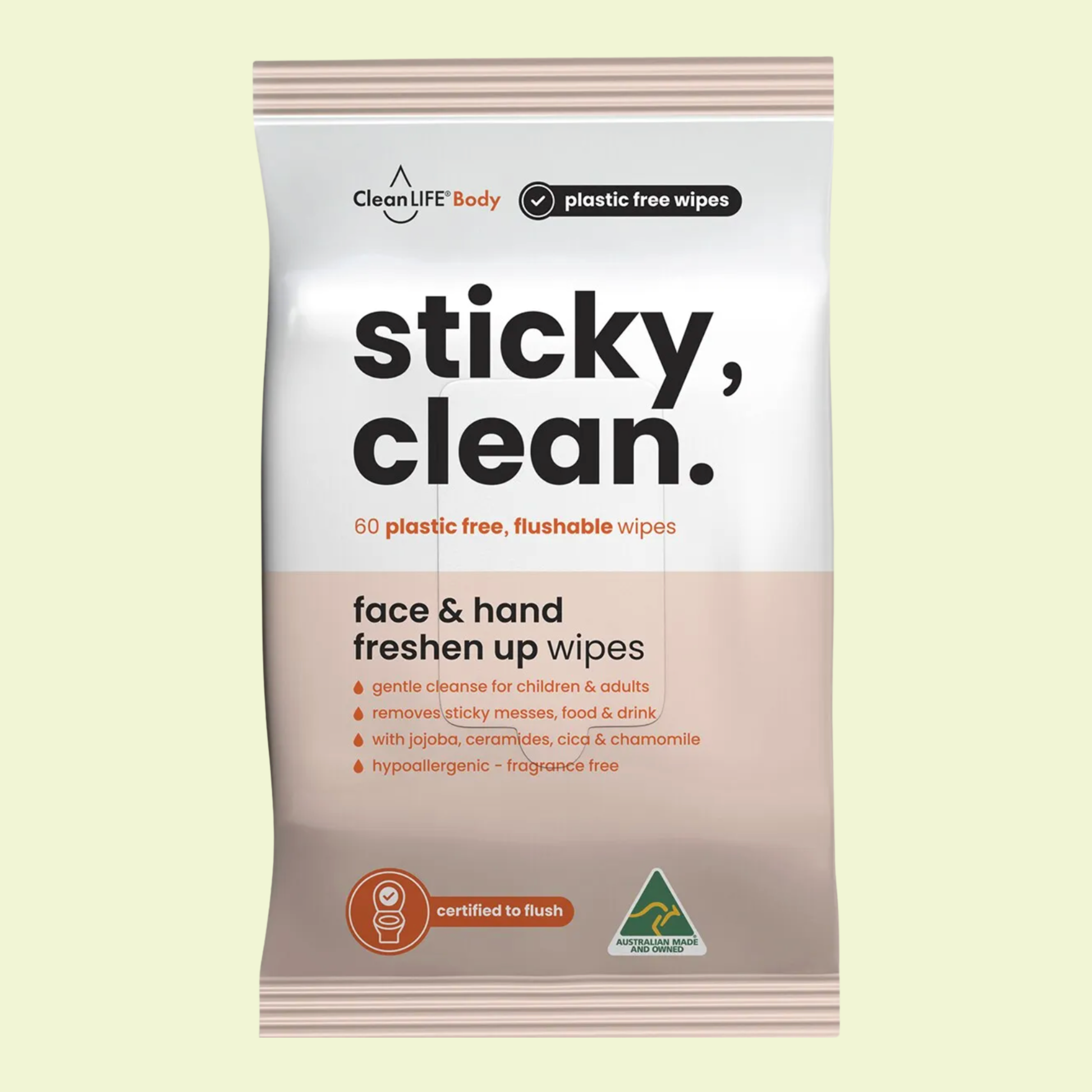 Pack of CleanLife Body sticky, clean wipes on a light yellow background