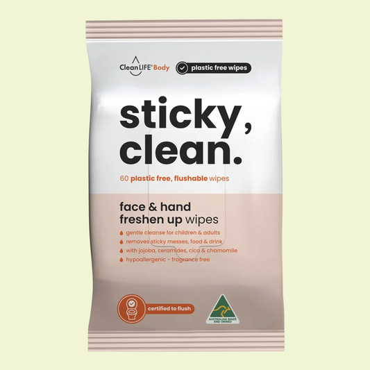 Pack of CleanLife Body sticky, clean wipes on a light yellow background