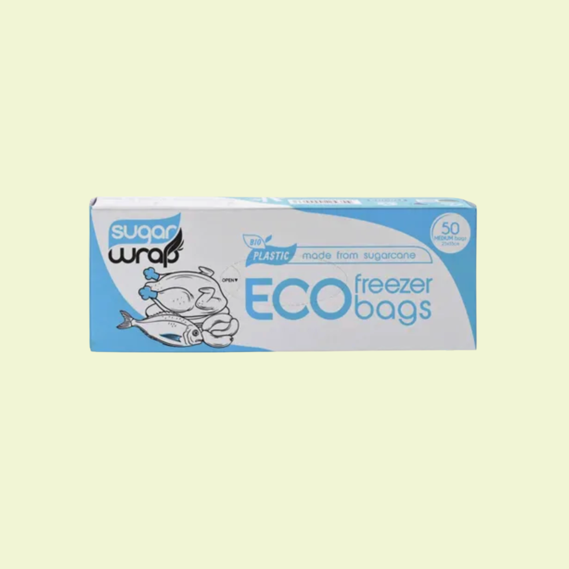 Box of Sugar Wrap eco freezer bags on a light green background