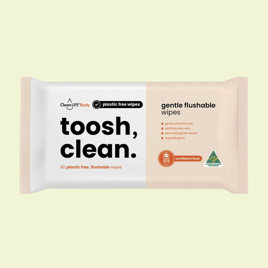 Pack of CleanLife Body toosh, clean gentle flushable wipes on a light yellow background