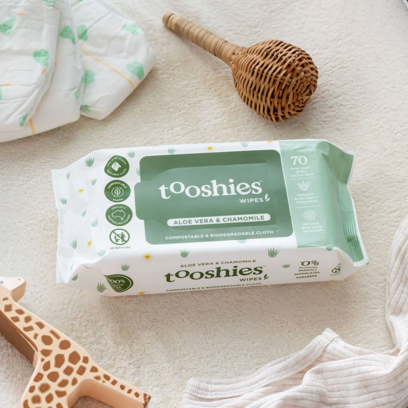 Tooshies Eco Baby Wipes Aloe Vera & Chamomile 70pk