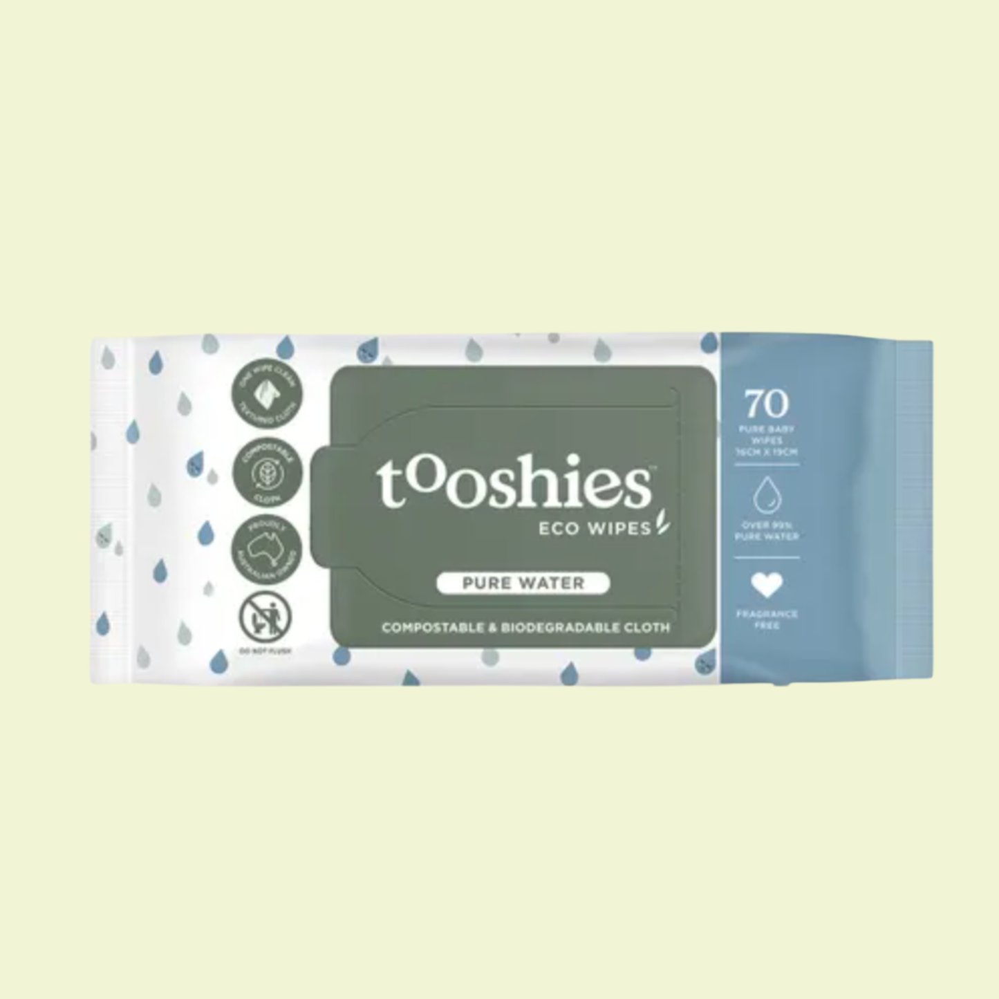 Package of tôoshies eco wipes on a light green background