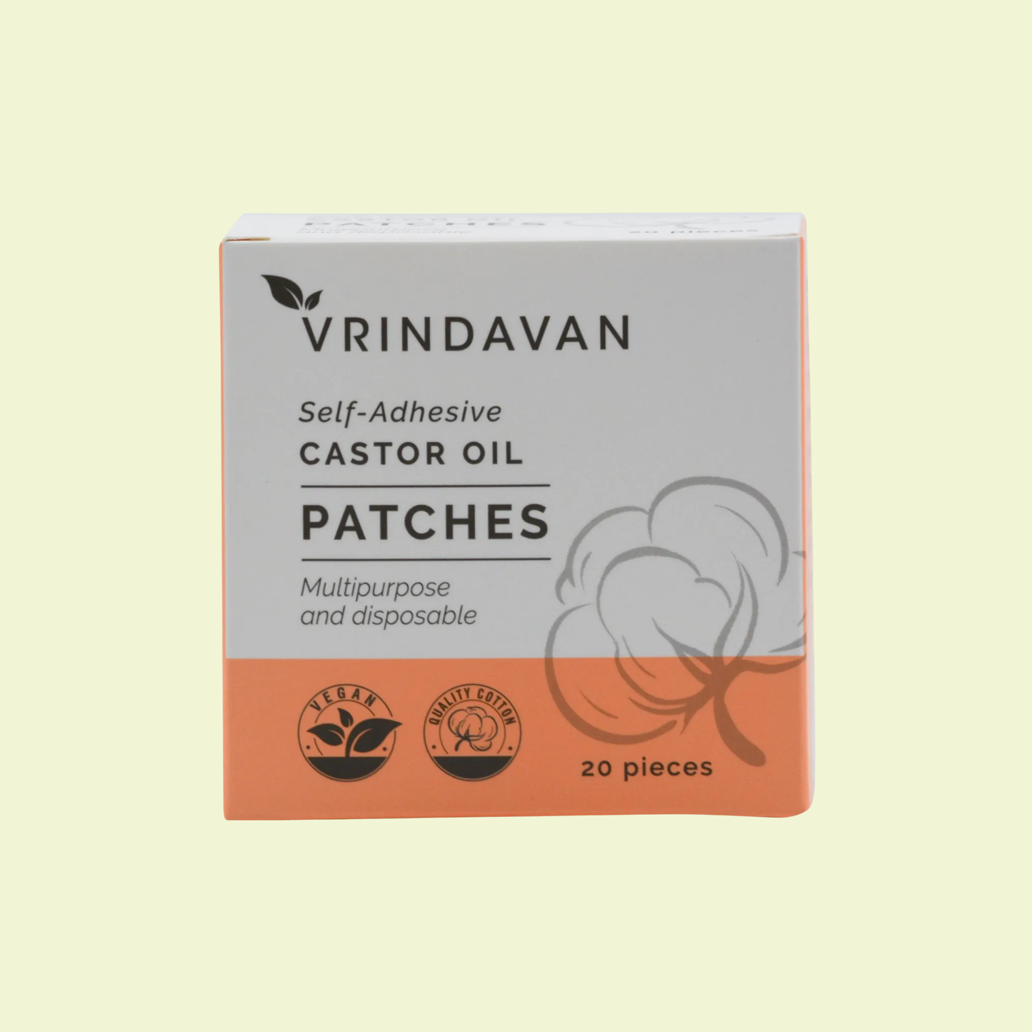 Box of Vrindavan self-adhesive castor oil patches on a beige background