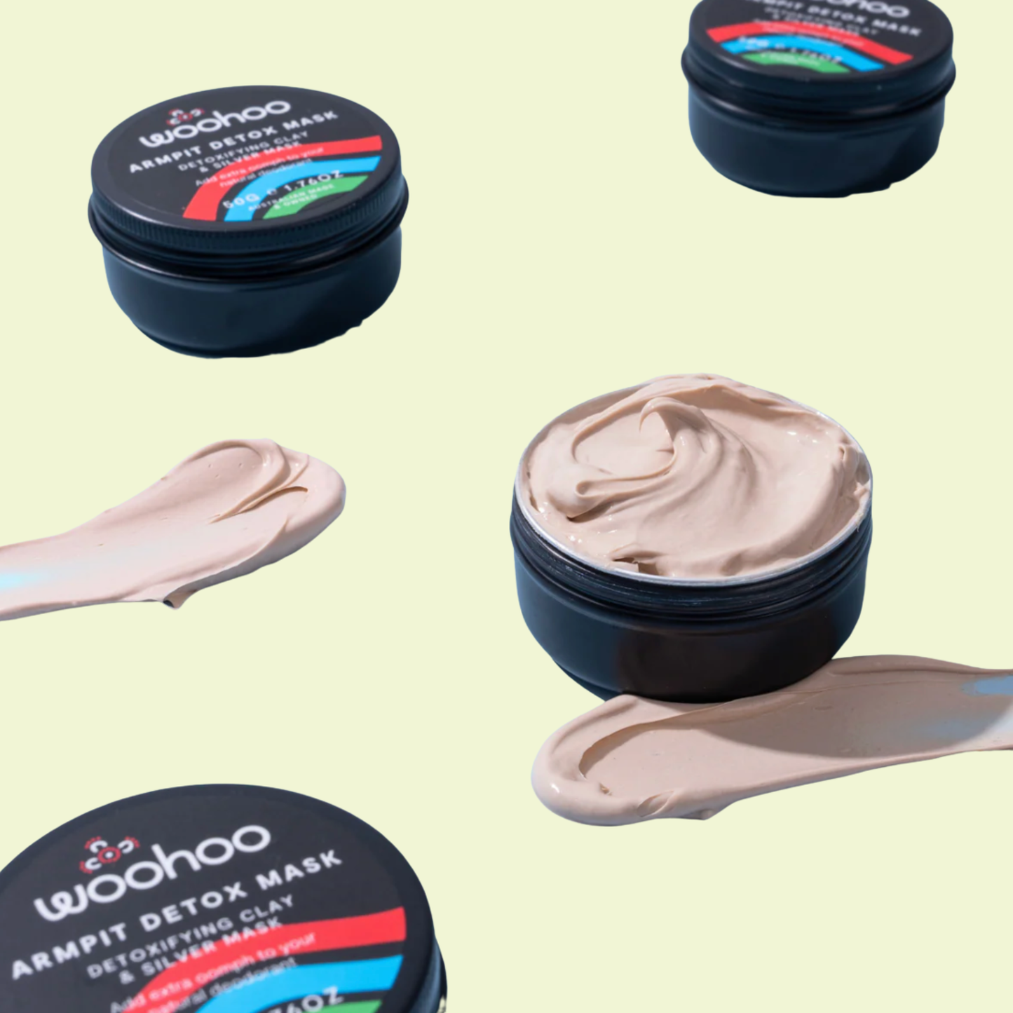 Woohoo armpit detox mask with open container showing cream on a light beige background