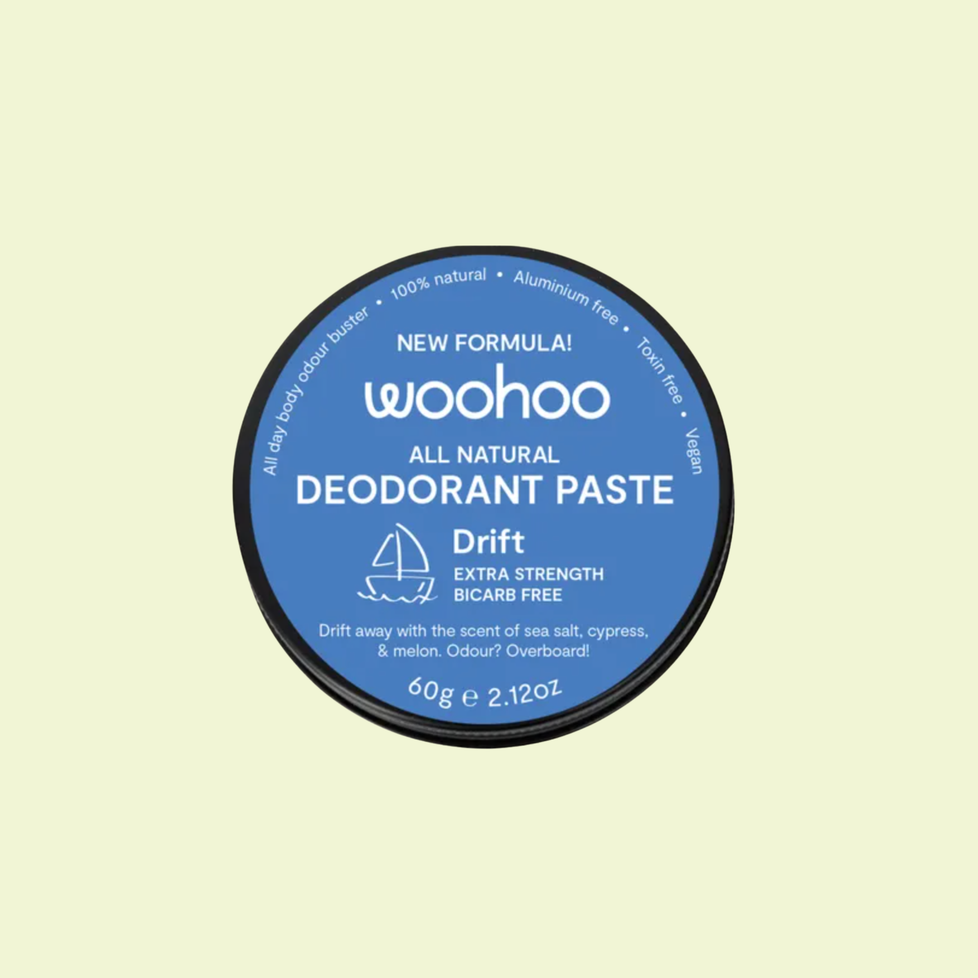 Woohoo all natural deodorant paste container on a light yellow background